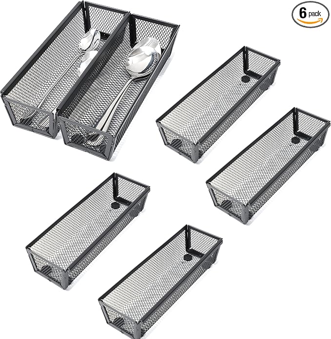 Silverware Organizer,Mesh Cutlery silverware Tray for Drawer,Tool tray organizer,Utensil Flatware Tableware Organizer for Kitchen,Office,with Non-slip,Fits Standard Drawer,(9X3 IN) 6PSC,Black