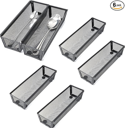 Silverware Organizer,Mesh Cutlery silverware Tray for Drawer,Tool tray organizer,Utensil Flatware Tableware Organizer for Kitchen,Office,with Non-slip,Fits Standard Drawer,(9X3 IN) 6PSC,Black