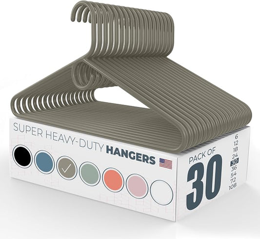 Super Heavy Duty Clothes Hangers 30 Pack – Made in the USA - 10lb Capacity, Thick Plastic Hangers for Pants, Coats, Jackets, Jeans and Adult Clothing – Gray