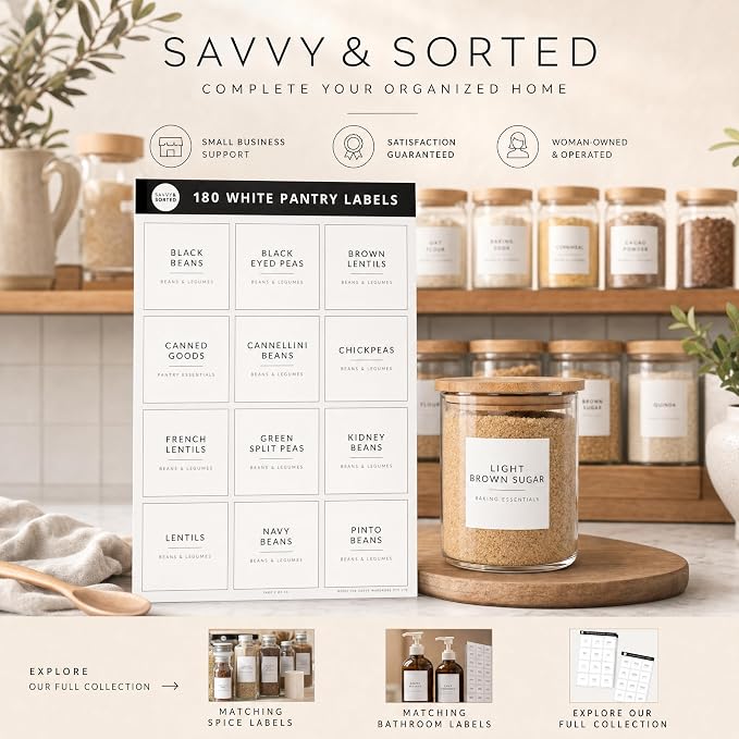 SAVVY & SORTED Minimalist Pantry Labels, 180 Waterproof Vinyl Stickers for Food Containers - Kitchen Labels for Organizing Storage Bins, Jars, Kitchen