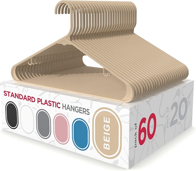 Sharpty Plastic Hangers Clothes Hangers for Clothing, Closet, Coats & Shirts - Durable & Space Saving - for Everyday Standard Use, Room Essentials & Basics - 60 Pack - Beige