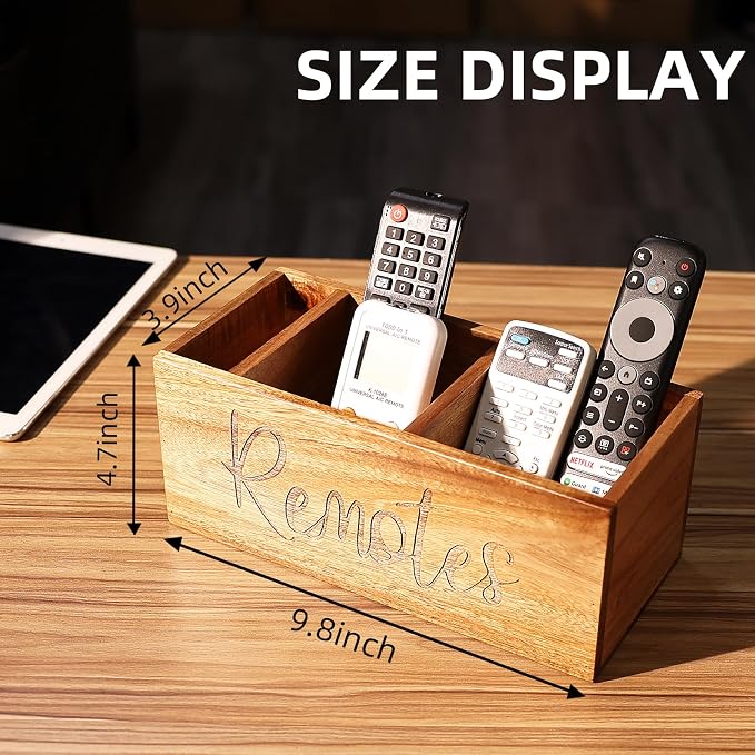 Remote Control Holder, Wooden TV Remote Holder for Table, Remote Organizer Caddy for Home Decor, Remote Box for Nightstand, Brown Labeled Remote, 3 Slot - 9.84 Inch