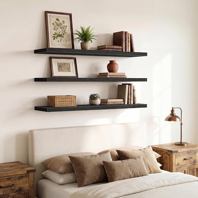 QEEIG 12" Deep Floating Shelves for Wall - 12 x 48 inch Book Shelf Bathroom Bedroom Kitchen Living Room Hanging Bookshelf Farmhouse Set of 3, Black (026-120B3)