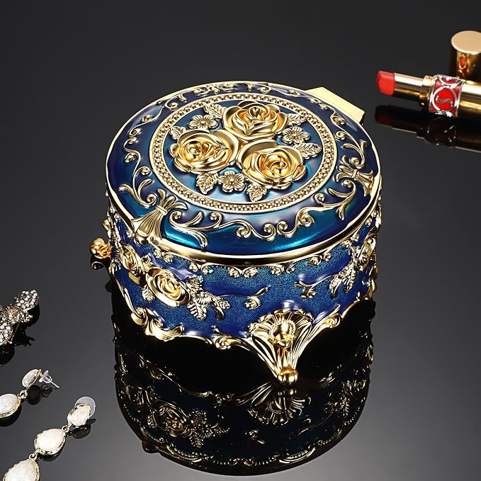 Hipiwe Vintage Jewelry Box Metal Keepsake Box Round Treasure Storage Case for Ring Earrings Necklace Holder Wedding Birthday Gift for Woman, Blue, 5.7" L x 5.1" W x 3.5" H