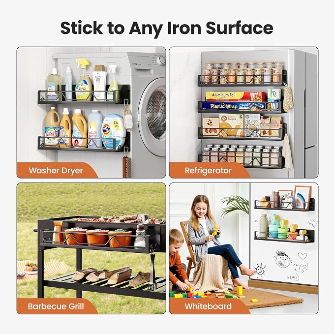Mystozer 16.9 Inch Wide Large Capacity Magnetic Spice Rack for Refrigerator,4 Pack Metal Fridge Shelf Apartment Essentials Fridge Organizer Magnetic Storage Fridge Magnet Organizer(Black)
