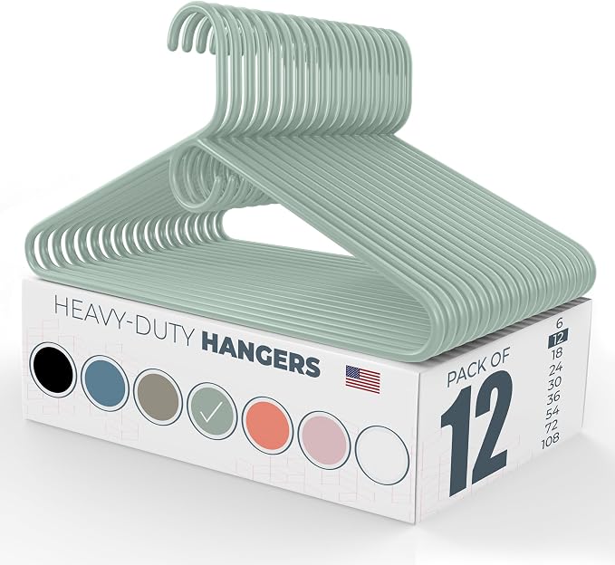 Heavy Duty Clothes Hangers 12 Pack – Made in the USA – 8lb Capacity Plastic Hangers for Adult Clothing – Durable for Pants, Coats, Jackets, or Jeans – Mint