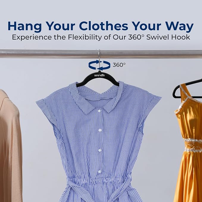 SereneLife Velvet Hangers – 150 Pack, Slim & Space Saving for Closets | Soft velvet grip prevents slipping on silk, satin & knitwear – 360° swivel hook fits all standard closet rods