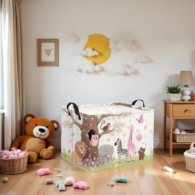 Rectangular Baby Kids Storage Basket for Home Kitchen Girls Cute Storage Bin Organizer Shelf Book Room Decor(Pink Animal)