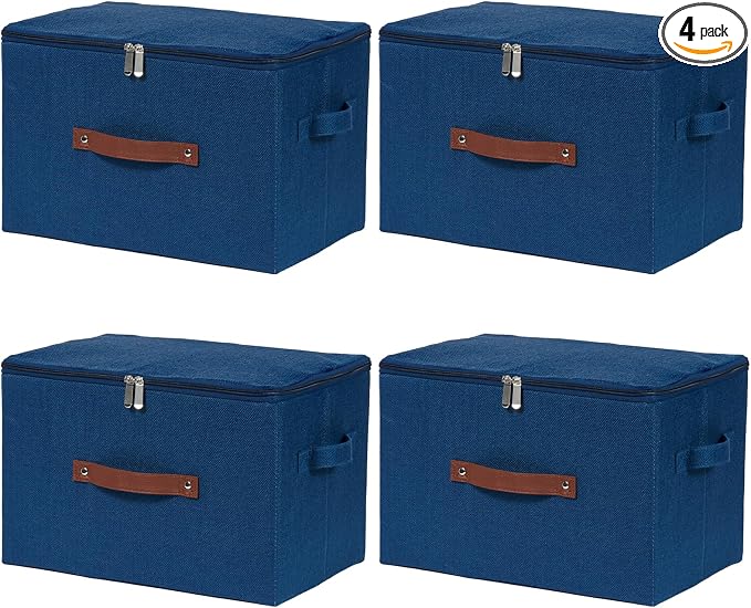 4 Pack Storage Bins with Zipper Lid Cotton Linen Fabric Lidded Storage Baskets Boxes Foldable Washable Closet Shelf Clothes Organizer Container with PU Leather Handles (Deep Blue, Large)