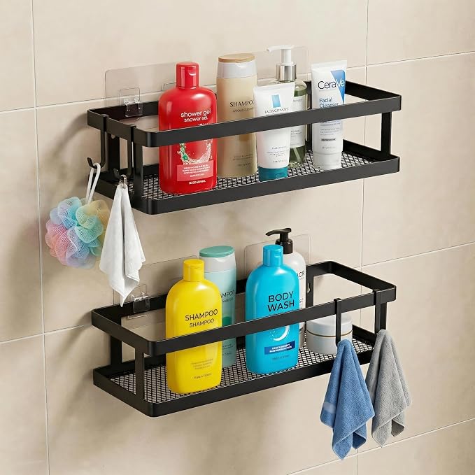 PUSDON 2-Pack Minimalist Shower Caddy Wall Mount, Open Frame Bathroom Shelf Organizer with Mesh Base, Rustproof Floating Spice Rack for Kitchen, Holds 50 LBS, 4 Hooks - Matte Black, Guardrail