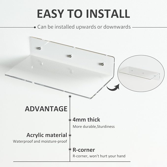 12 Inches Clear Wall Shelves, Moisture-Proof Acrylic Bathroom Organizer Shelves for Wall, Floating Shelf for Bathroom, 4 Pack