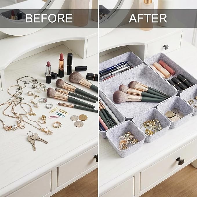 Desk Drawer Organizer Bins, 8pcs Felt Shallow Bathroom Storage Trays, Office Accessories & Workspace Organizers Jewelry & Makeup Boxes Containers(Grey)
