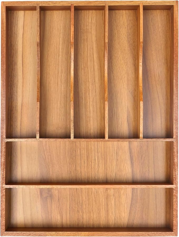Bellsal Bamboo Silverware Organizer, 12"x15.7" Utensil Holder Cutlery Tray with Grooved Drawer Dividers for Kitchen Flatware, Bedroom, Office (7 Slot, Acacia)
