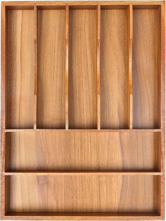 Bellsal Bamboo Silverware Organizer, 12"x15.7" Utensil Holder Cutlery Tray with Grooved Drawer Dividers for Kitchen Flatware, Bedroom, Office (7 Slot, Acacia)