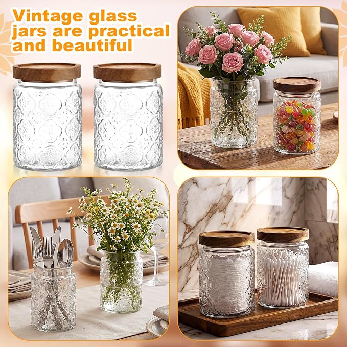 LemonRoad 4 Pcs Vintage Clear Glass Storage Jars 23.7 oz Mason Jar Canister with Wood Lids Food Storage Container for Cookie, Pantry, Candy Kitchen, Coffee, Tea, Flour, Sugar, Decorative Home Decor