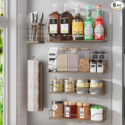 Magnetic Spice Rack for Refrigerator, 6 Pack Strong Magnet Spice Organizer with Paper Towel Holder, Utensil Holder, Moveable Magnetic Fridge Shelf for Kitchen Organization and Storage (Brown)