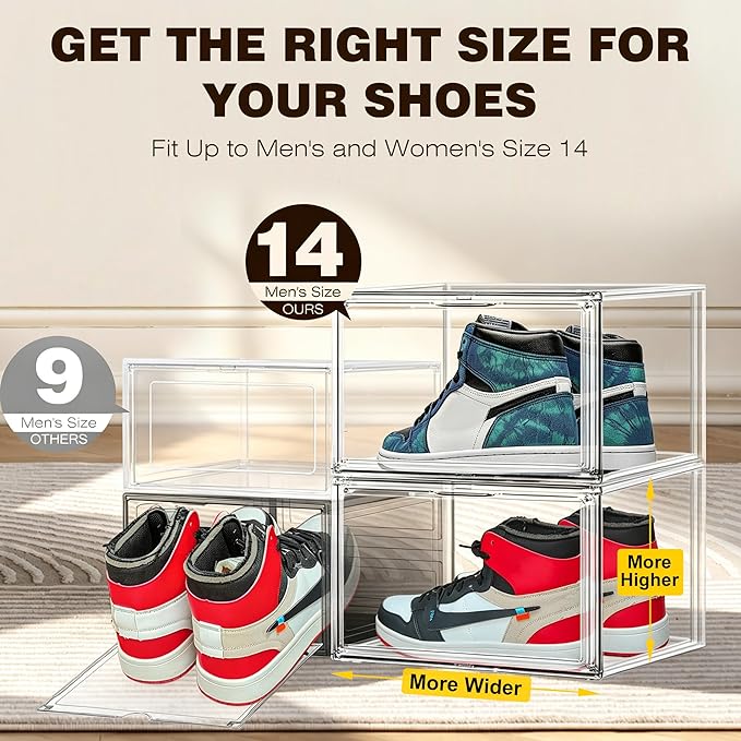Large Clear Acrylic Sneaker Boxes Fits Size 13, Wide Magnetic Door, 12 Pack | Exterior 14.1 x 10.6 x 8.9 in; wide magnetic door for sneakers, high tops, men’s shoes and display storage