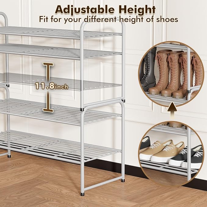 2 Pack Shoe Rack, 2-Tier Metal Stackable Shoe Shelf Storage Organizer, Heavy Duty Wire Shoe Stand for Entryway, Closet, Hallway, Holds 50 LBS, Gray