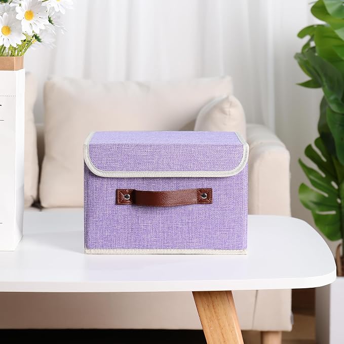 ANMINY Storage Bin with Lid Storage Boxes with PU Leather Handles PP Plastic Board Decorative Foldable Lidded Cotton Linen Fabric Home Cubes Baskets Closet Organizer Container - Purple, Small Size