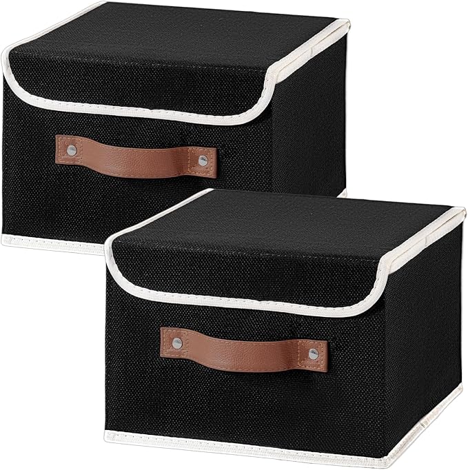 2PCS Collapsible Storage Boxes Baskets with Lid Cotton Linen Fabric Storage Bins with Faux Leather Handles Washable Cube Organizer Container for Home Closet Bedroom (Black, Small Size)
