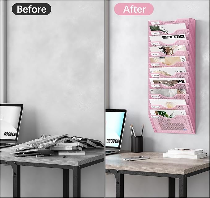 EasyPAG 10 Pocket Mesh Wall File Organizer, Hanging Paper Folder Holder with Classify Label, Vertical Wall Mount Mail Organizer for Office Home Classroom, Pink