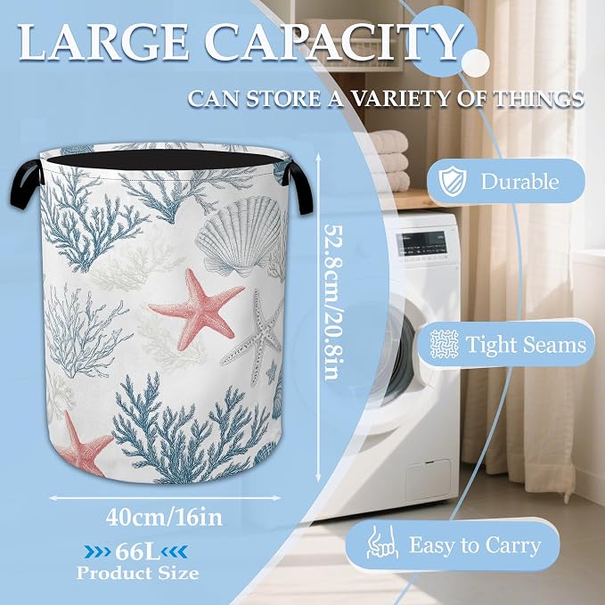 Seashell Starfish Ocean Laundry Basket Collapsible Laundry Hamper with Handle, Oxford Clothes Storage Bin for Bathroom Bedroom Room Decor 16" X 20.8"