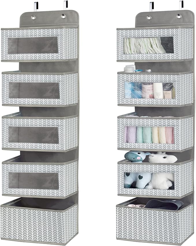 Over the Door Hanging Organizer with 5 Large Pockets - Wall Mount Pantry Storage with Clear PVC Window & 2 Big Metal Hooks for Closet,Bathroom,Nursery,Bedroom,Dorm,Baby Diapers,Kids Toys (Gray)