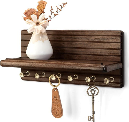 Rebee Vision Acacia Wood Key Holder Wall Mount - Farmhouse Key Holder for Wall with 6 Hooks & Floating Shelf - Apartment Essentials for Home Decor Living Room (Black Walnut)