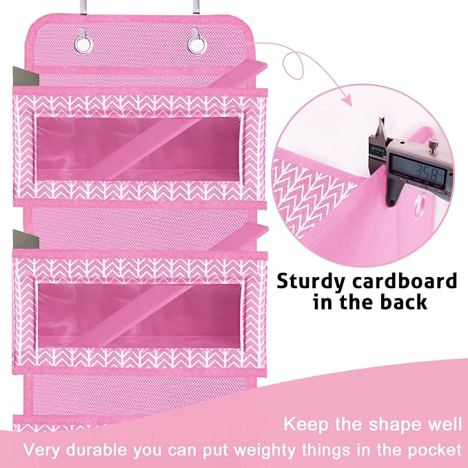 Over The Door Hanging Organizer with 5 Large Pockets - Wall Mount Pantry Storage with 2 Big Metal Hooks for Baby Girl’s Diapers Closet, Bathroom, Nursery, Bedroom, Dorm, Baby, Kids Toys (Pink)