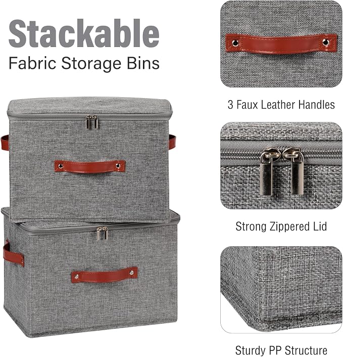 3PCS Storage Bins Boxes with Zippered Lids Cotton Linen Fabric Decorative Basket PU Leather Handles PP Plastic Board Foldable Lidded Clothing Shelf Closet Organizer Container (Gray, Large)