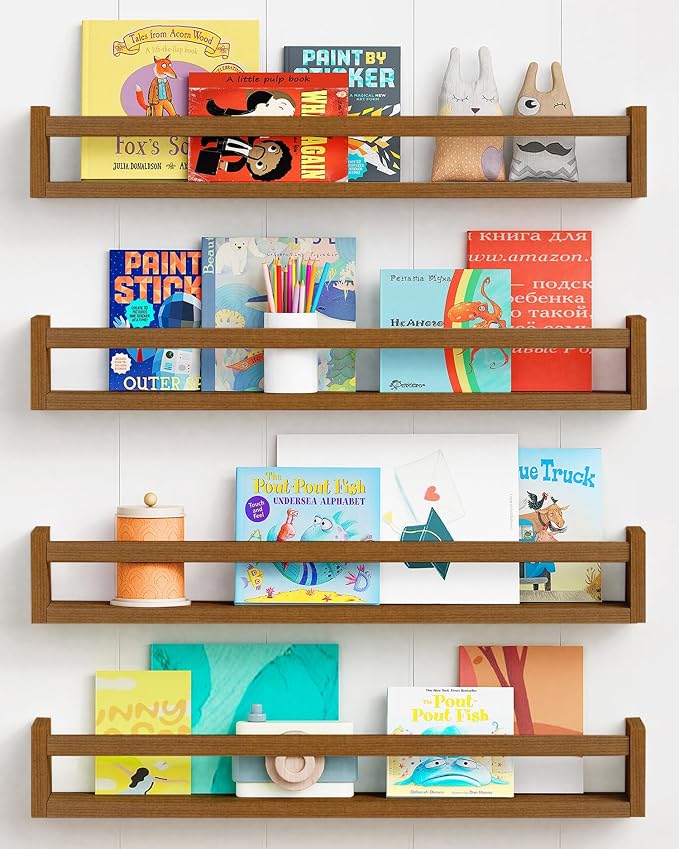 Forbena 24 Inch Wooden Floating Nursery Book Shelves for Wall, Walnut Nursery Bookshelf Wall Mounted for Kids Bedroom, Large Kids Floating Bookshelves for ChildToys Classroom Books Decor (Dark Brown)