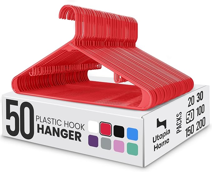Utopia Home Plastic Hangers 50 Pack – Built-in Strap Hooks Red | Space saving | Durable & strong | Closet organizer | Clothes hangers | Ideal for shirts, pants, skirts & coats