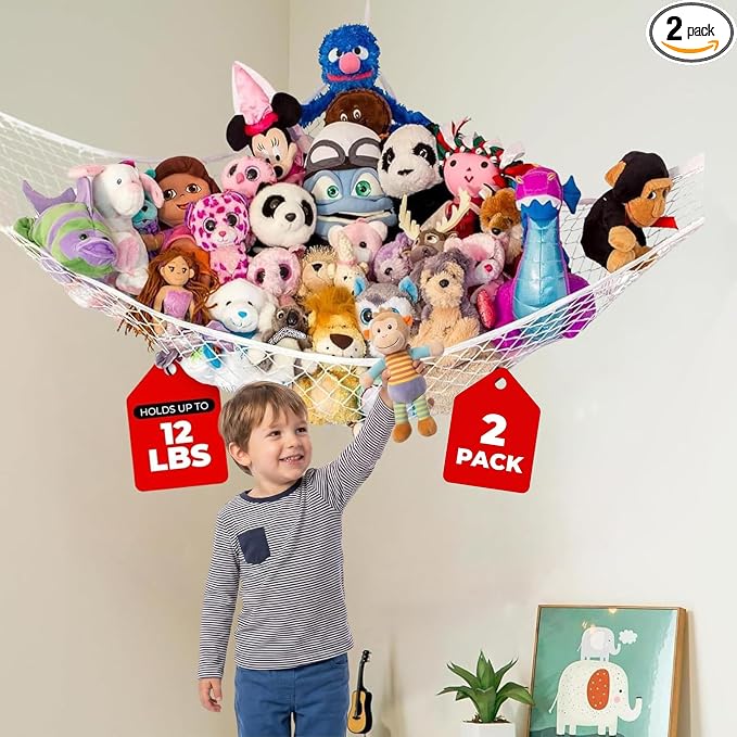 Stuffed Animal Hammock 2 Pack | Corner Stuffed Animal Storage & Plushie Net | Toy Hammock for Stuffed Animals | Holds 12lbs | Easy Hang, All Hardware Included | White Bedroom Decor | by Lilly's Love
