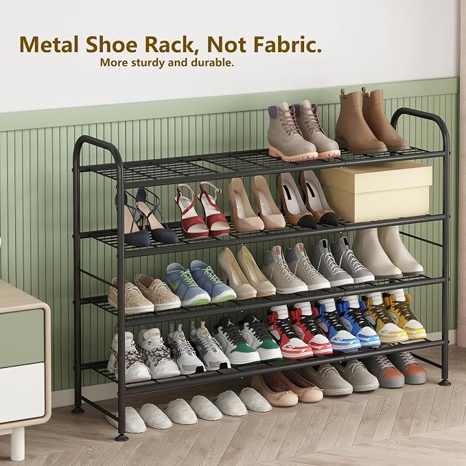 LINZINAR Shoe Rack Long 4 Tier Shoe Storage Organizer Metal Wide Shoe Shelf for Closet Entryway Bedroom 24 Paris Large Capacity, Gold Black