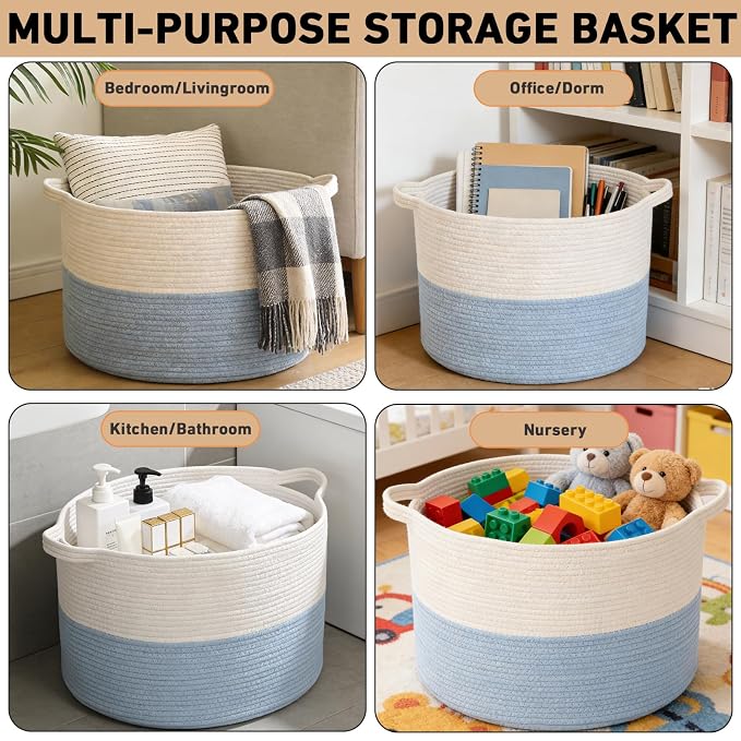 65L Extra Large Woven Cotton Rope Blanket Basket with Handles, Laundry Hamper Storage Bin for Pillows, Comforters,Clothes, Toys, Nursery, Bedroom and Living Room Organization,White&Blue
