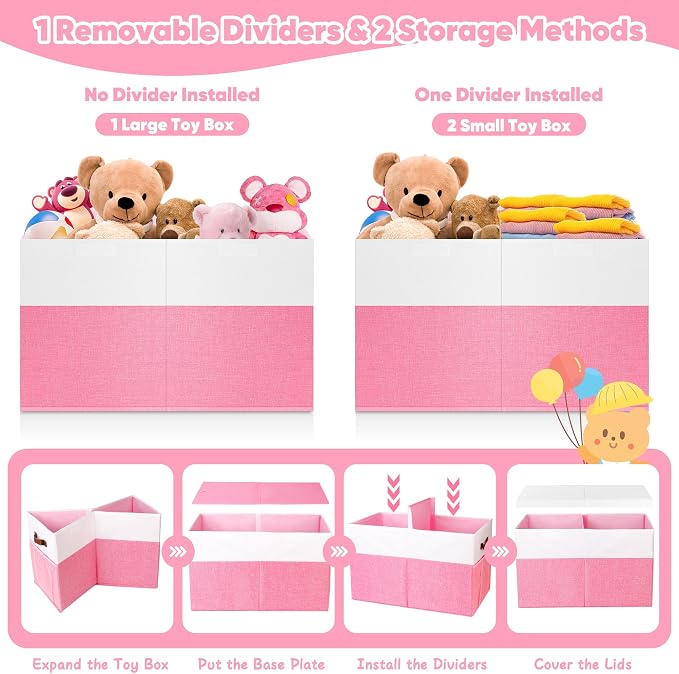 Mabahoo Large Toy Box, Collapsible Sturdy Storage Organize Chest Boxes With Lids, 25"x13"x16" Kids Toy Chest Bin Baskets for Living Room, Bedroom, Nursery, White & Pink