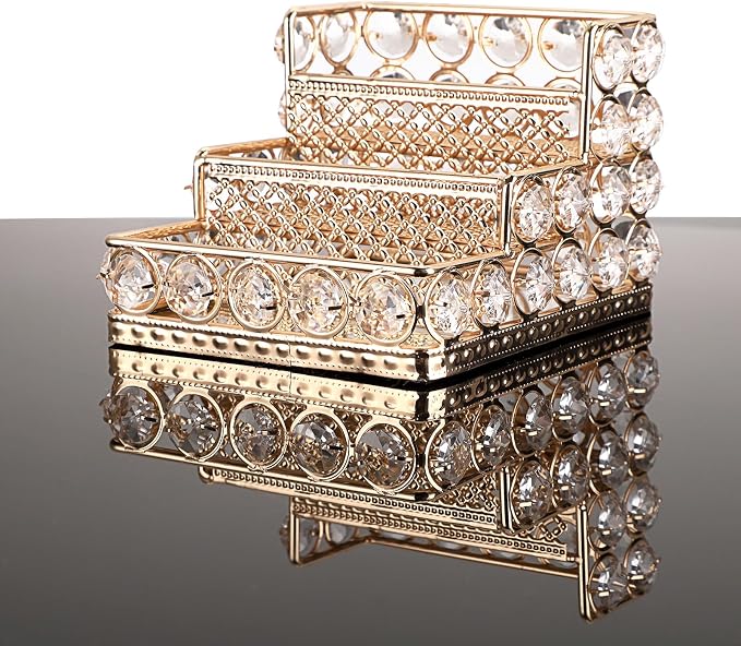 Hipiwe Crystal Business Card Holder - 3 Tiers Gold Mirrored Name Card Display Stand Desktop Business Card Storage Organizer for Office Desk, Holds 120 Business Cards