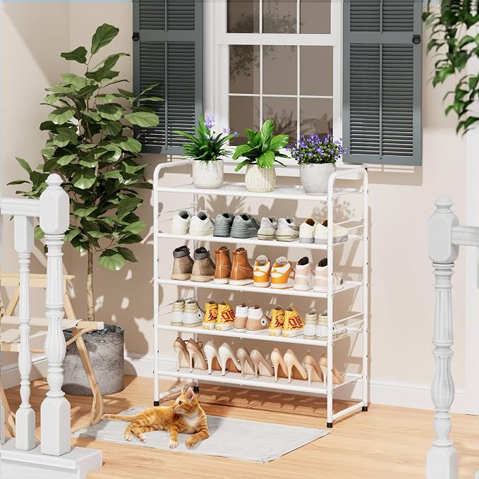 SUFAUY 5-Tier Mesh Shoe Rack, Closet Metal 33" Wide Shoe Shelf Heavy Duty, White