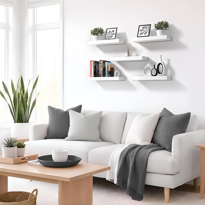 Sorbus Floating Shelves for Wall – 16 Inch Floating Shelf for Kitchen, Bedroom, Living Room, Bathroom, Home & Wall Decor - Mounted Bathroom Shelves with Invisible Brackets (White, 5 Pack)