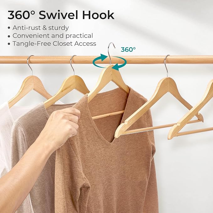 HOUSE DAY Premium Wooden Hangers 20 Pack - Heavy Duty & Durable Coat Hanger | Natural Wood Suit Hangers, 360° Swivel Hook & Pant Bar, Ideal for Jackets, Dresses, Shirts, Perfect for Closet Organization