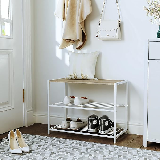 Yusong Shoe Rack Organizer, 3 Tier Industrial Shoe Storage Shelf for Closet Entryway, Narrow Sturdy Metal Shoe Shelves, White