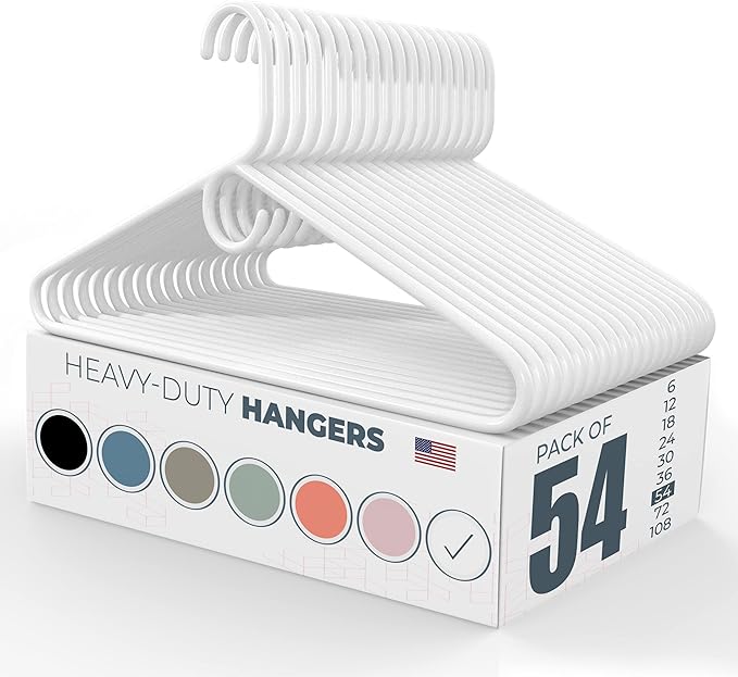 Heavy Duty Clothes Hangers 50 Pack (54 Count) – Made in the USA – 8lb Capacity Plastic Hangers for Adult Clothing – Durable for Pants, Coats, Jackets, or Jeans – White