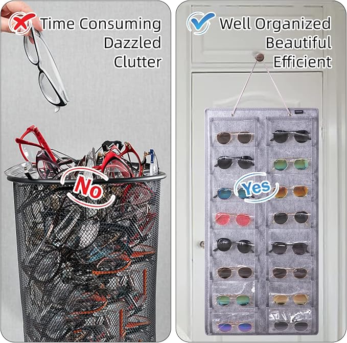 Sunglasses Organizer Storage - 16 Slots Glasses Storage Wall Pocket Display Hanging on Door, Eyewear Display, Dust-Proof