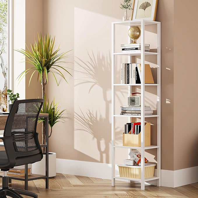 TUTOTAK Bookshelf, 6-Tier Tall Book Shelf, Narrow Bookcase for Small Space, DIY Stackable Bookshelf, for Living Room, Office, Study, Entryway, Industrial, White BS01BW006
