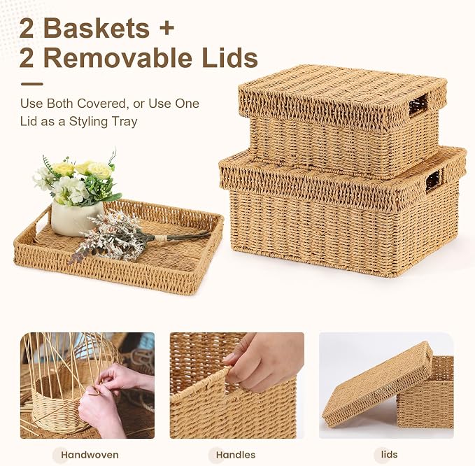 Wicker Storage Basket with Lid - Woven Storage Basket for Organizing,Rectangular Decorative Boxes Bins with Lids for Shelves, living room, Nursery, 2-Piece Set(Natural)