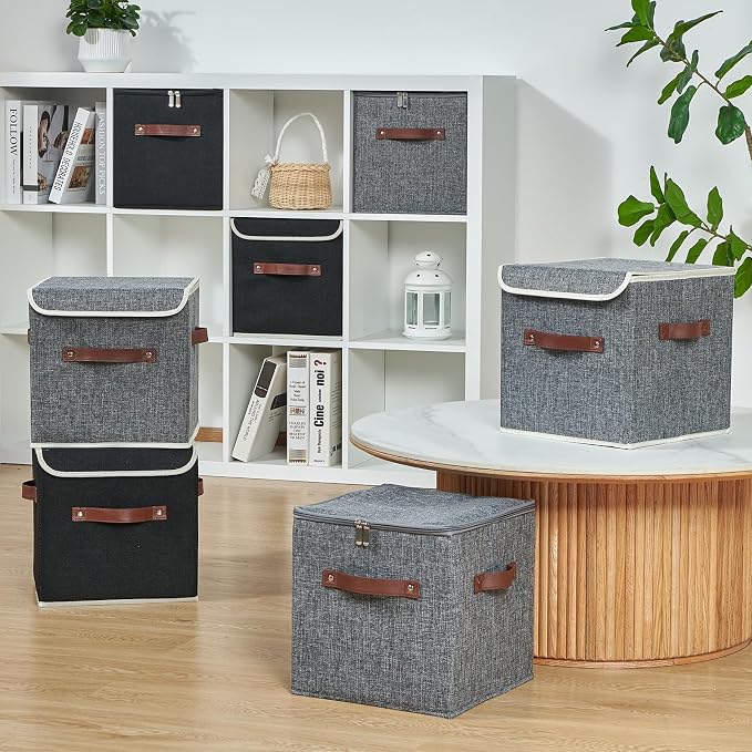 4PCS Storage Cubes with Lid Fabric Storage Bins Boxes PU Leather Handles Cotton Linen Closet Organizer Container Decorative Foldable Washable Shelf Cloth Basket (Zipper Lid, Black, 11in)