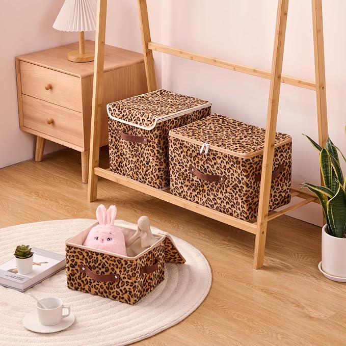 2PCS Storage Bins Boxes with Zipper Lid Leopard Print Cute Velvet Fabric Basket PU Leather Handles PP Plastic Board Foldable Washable Lidded Closet Shelf Organizer Container (Small Size)