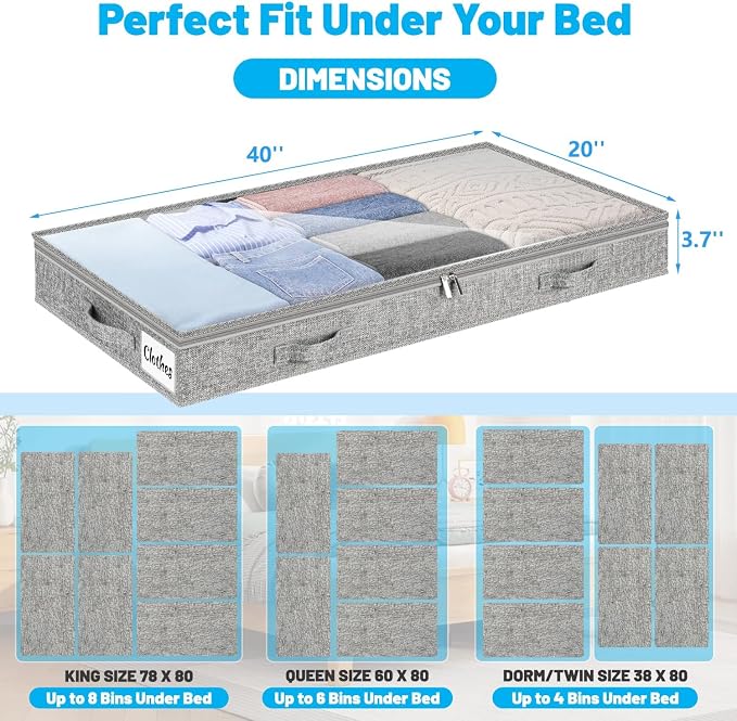 4 Inch Low Profile Under Bed Storage Drawer 4 Pack, Lightweight Underbed Clothes Storage Container Bins With NO STURCTURE, Shallow Storage Bag for Dorm & Home, With Clear Lids & Water-Resistant Fabric