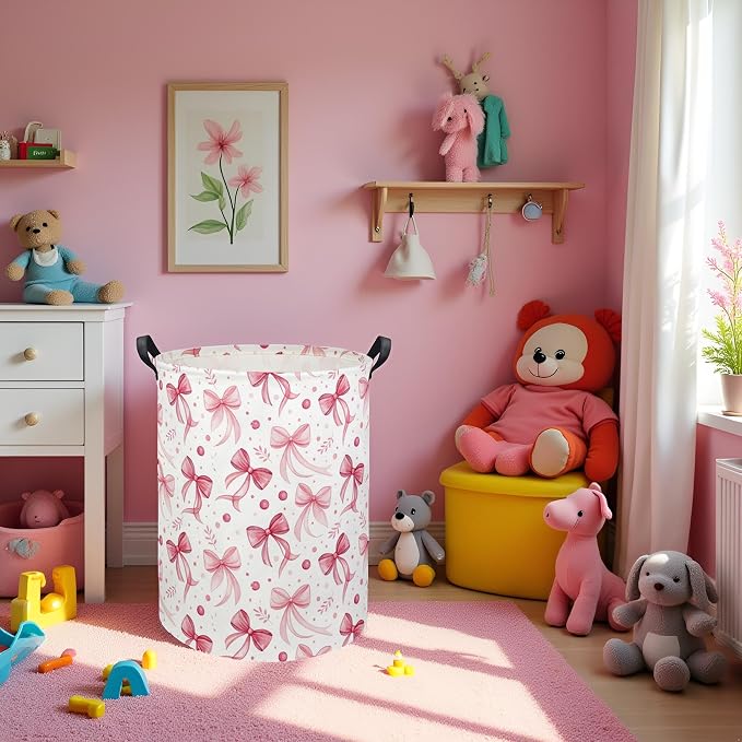 Butterfly Baby Laundry Basket Baby Hamper for Nursery Girl Kids Butterfly Hamper Cute Kids Toys Storage Bin Organizer Butterfly Room Decor for Home(Pink Bowknot)