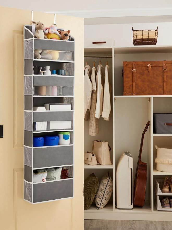 5 Tiers Over The Door Organizer Hanging - EXTRA THICK & 50lbs HUGE CAPACITY, 10 Side Mesh Pockets Over The Door Shoe Organizer, for Closet, Diaper Organizer, Bedroom, Bathroom,Nursery (Grey, 1pc)